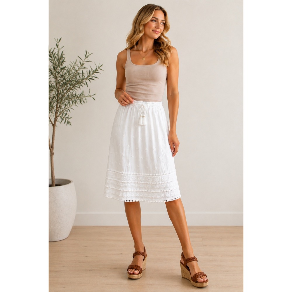 J JILL Embroidered Tassel Trim Boho Midi Skirt Coastal Beachy White Sz L